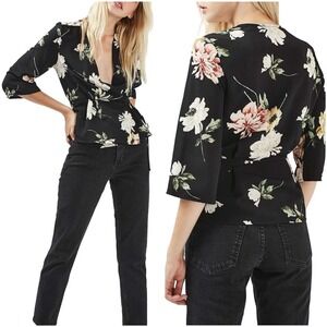 Topshop Floral Wrap Blouse Women's US 2 Black Pink Yellow‎ 3/4 Sleeve Top